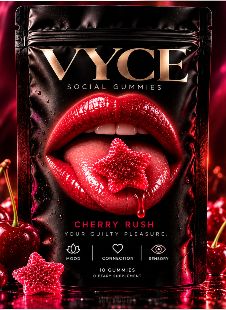 VYCE Cherry Rush social gummies pouch — black mylar packaging with glossy red lips and a red star-shaped gummy