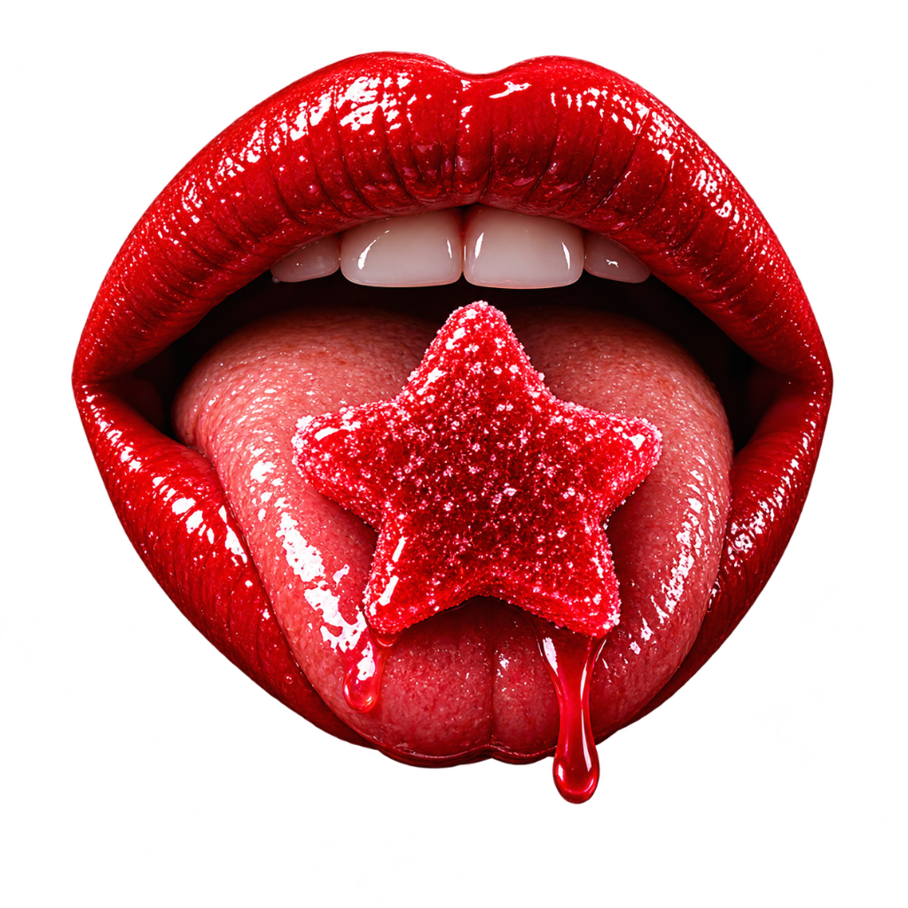 VYCE signature artwork — glossy red lips with a sugar-coated red star-shaped gummy resting on the tongue